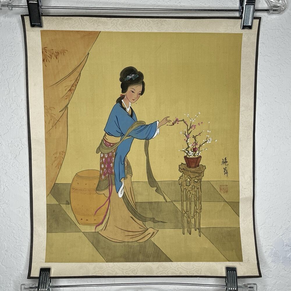 Chinese handpainted on silk artwork featuring a woman with a bonsai tree, asian
